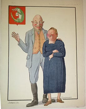 Item #16-5038 A caricature of Germanic couple with a crocadile logo. "Et puis je vous apprendrai...