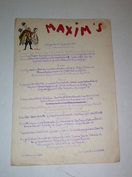 Item #16-5322 Menu for Maxim's. Souper du 25 Novembre 1966. First edition. Maxim's