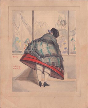 Item #16-5746 Articles Anglais. Woman bending over and looking in a shop window wearing a large ...