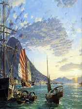 Item #16-5981 Hong Kong A View of the Harbor and Victoria Peak at Sunset in 1870. Signed. John...