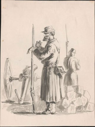 Item #16-6332 Two Soldiers with long rifles and bayonets standing next to a cannon. Original...