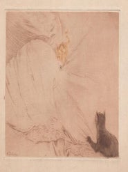 Item #16-6333 Woman's face, her body covered with bedsheet with her cat. Original aquatint....
