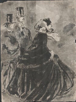 Item #16-6339 Two Men in top hats with stylish woman in a flowing wrap. Original watercolor and...