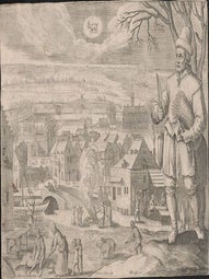 Item #16-6344 December: (View of a town, with man carrying bunch of wheat ears, knife and axe...