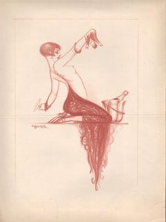 Item #16-6350 Barebreasted 1920s French lady holding a man in one hand and a champagne glass in...