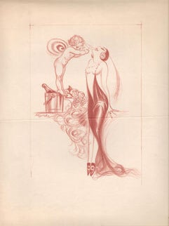 Item #16-6351 Barebreasted 1920s French lady drinking from a champagne glass held by a nude...