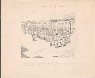 Item #16-6457 Colonel doing an inspection of troops, focusing on their buttons (French text)....