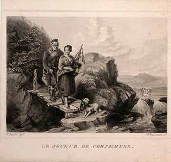 Item #17-3019 Le Joueur de Cornemuse. (B&W engraving). F. Taylor, I. W. Baumann, Artist, Engraver.