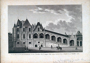Item #17-3703 Vue de l’Ancien Edifice de la Chambre des Comptes bati sous Louis XI et brule le 27 Octobre 1737. (B&W engraving). 18th Century French Artist.