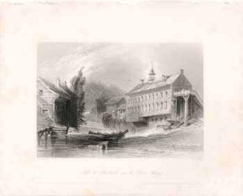 Item #17-3718 Mills at Sherbrooke. on the River Magog. (B&W engraving). W. H. Bartlett, J. C. Armytage.