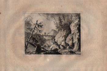 Item #17-5740 Paysages. Ein Mann uberquert mit seinem Hund auf einem Holzsteg einem reissenden Gebirgsbach, Plate I, III. Weirotter, Franz Edmund.