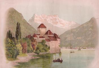Item #17-6646 Schloss Chillon am Genfer See-Le Chateau au Lac de Geneve-Chillon on the Lac Leman. 19th Century German Artist.