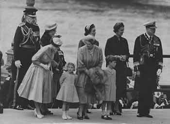Item #18-0064 Royal reunion at Westminster. Royal party at Westminster Pier as Queen Elizabeth and Duke of Edinburgh land after returning from their Commonwealth tour in the royal yacht Brittania. Photo also shows Queen Mother, Princess Margaret, Princess Anne, and Prince Charles. (Original Photograph). PA Reuter Photo LTD.