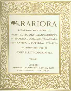 Item #18-0298 Rariora: Vol. II. John Eliot Hodgkin