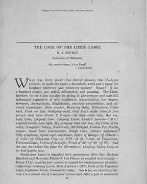 Item #18-0485 The Lore of The Lizzie Label. University of Oklahoma. [Limited edition]. R. A. Botkin