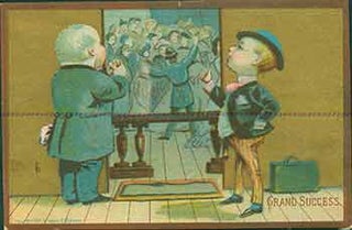 Item #18-0627 Grand Success. Trade Card with illustration of young salesman congratulating...