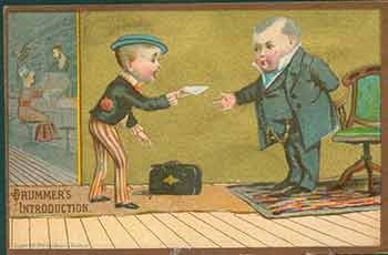 Item #18-0629 Drummer’s Introduction. Trade Card with illustration of young salesman introducing himself to older gentleman. James R. Harrison.