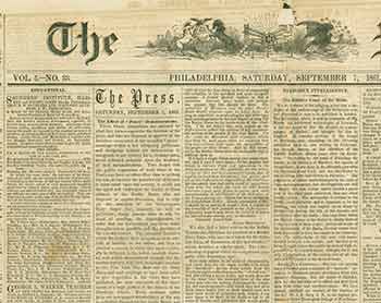 Item #18-1215 The Press. Philadelphia, Saturday, September 7, 1861. Vol. 5, No. 33. John W. Forney.