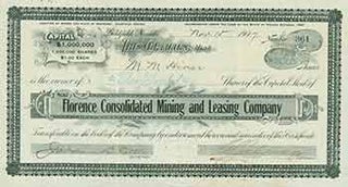 Item #18-1442 Certificate of 300 Shares of $1 Each. Florence Consolidated Mining, Leasing Company