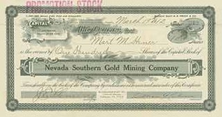 Item #18-1444 Certificate of 100 Shares. Nevada Southern Gold Mining Company
