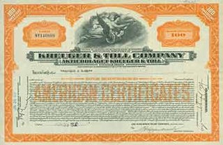 Item #18-1445 Certificate of 100 Shares. Kreuger, Toll Company