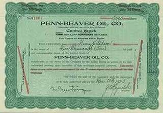 Item #18-1447 Certificate of 5000 Shares of $1 Each. Penn-Beaver Oil Co