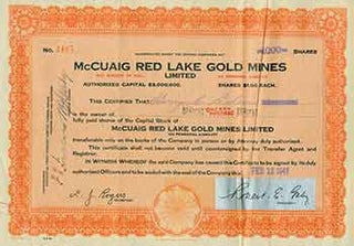 Item #18-1453 Full Paid 1000 Shares of Preferred Capital Stock of Par Value $1 Each. McCuaig Red...