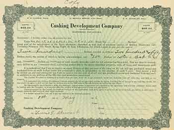 Item #18-1458 Certificate for purchase of oil well property in Oklahoma for $500. Cushing Development Company.