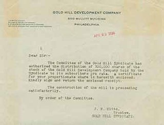Item #18-1460 Cover letter for distribution of shares. Gold Hill Development Company