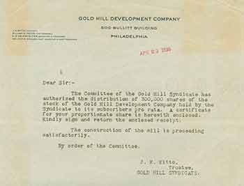 Item #18-1460 Cover letter for distribution of shares. Gold Hill Development Company.