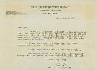 Item #18-1463 Cover letter for distribution of shares. Gold Hill Development Company