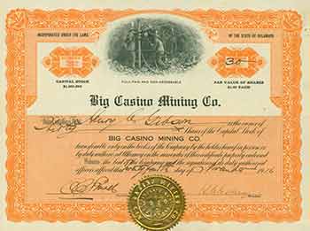 Item #18-1474 Full Paid and Non-Assessable Shares of Capital Stock of Par Value of $1 Each. Big Casino Mining Co.