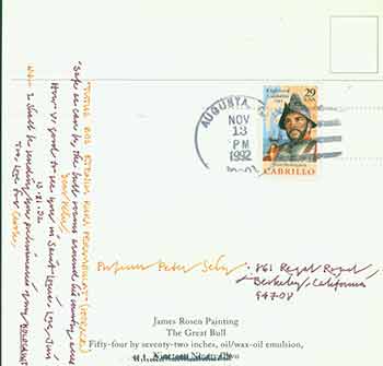 Item #18-3883 Signed, handwritten postcard from Artist James Rosen to Art Historian Peter Selz. James Rosen.