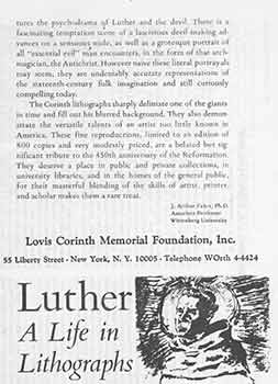 Item #18-4703 Luther: A Life in Lithographs by Lovis Corinth. Lovis Corinth, J. Arthur Faber, Inc Lovis Corinth Memorial Foundation, artist., text.