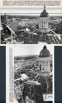 Item #18-9659 Two views of construction workers erecting scaffolding above the Capitol dome in Sacramento for restoration work. (Two Original Photographs). Walt Zeboski.