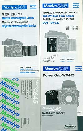 Item #19-5598 Mamiya 645 instruction manuals for the 120-220 Roll Film Holder, Power Grip WG402,...
