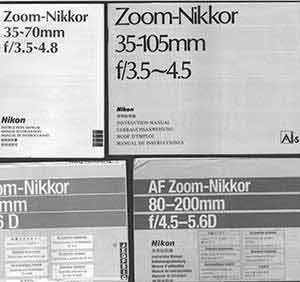 Item #19-5829 Nikon Camera manuals for the Zoom-Nikkor 35-105mm f/3.5~4.5, AF Zoom-Nikkor 35-80mm f/4-5.6D, AF Zoom-Nikkor 80-200mm f/4.5-5.6D. Nikon Corporation, Tokyo.
