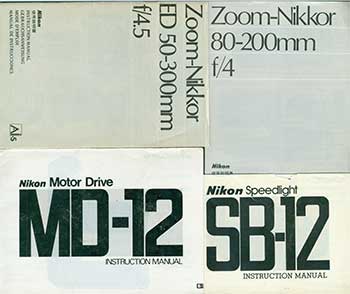 Item #19-5841 Nikon instruction manuals for the Nikon Speedlight SB-12, Nikon Motor Drive MD-12, Zoom-Nikkor ED 50-300mm f/4.5, Zoom-Nikkor 80-200mm f/4. Nikon Corporation, Tokyo.
