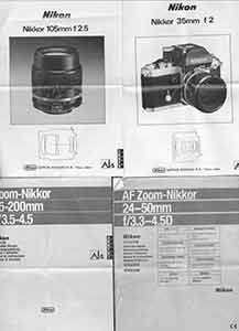 Item #19-5885 Nikon instruction manuals for Nikkor 105mm f/2.5, Nikkor 35mm f/2, AF Zoom-Nikkor...