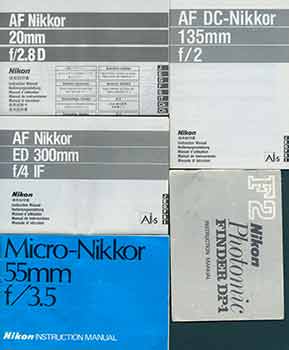 Item #19-5892 Nikon Camera manuals for the AF Nikkor ED 200 mm f/4 IF, the AF DC-Nikkor 135mm f/2, the F2 Nikon Photomic Finder DP-1, the Micro-Nikkor 55mm f/3.5, and the AF Nikkor 20mm f/2.8D. Nikon Corporation, Tokyo.