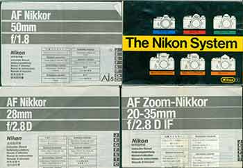 Item #19-5917 Nikon Camera manuals for the AF Nikkor 28mm f/2.8, the AF Zoom-Nikkor 20-35mm f/2.8 D IF, AF Nikkor 50mm f/1.8, and the Nikon system brochure. Nikon Corporation, Tokyo.