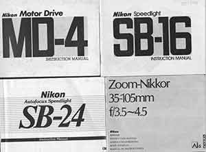 Item #19-5933 Nikon Camera manuals for the Motor Drive MD-4, Speedlight SB-16, Autofocus Speedlight SB-24, and Zoom-Nikkor 35-105mm f/3.5-4.5. Nikon Corporation, Tokyo.