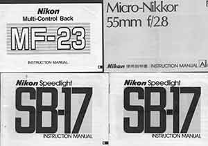 Item #19-5935 Nikon Camera manuals for the Micro-Nikkor 55mm f/2.8, Speedlight SB-17 and Nikon Multi-Control Back MF-23. Nikon Corporation, Tokyo.