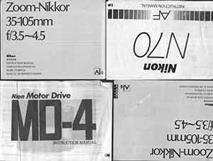 Item #19-5936 Nikon Camera manuals for Zoom-Nikkor 35-105mm f/3.5-4.5, Nikon N70 and Nikon Motor...