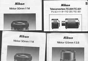 Item #19-5941 Instruction manuals for Nikkor 50mm f/1.4, Nikkor 135mm f/2.8 and Teleconverters TC-201 /TC-301. Nikon Corporation, Tokyo.