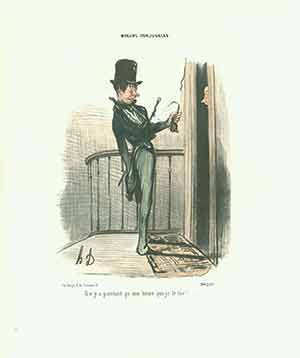 Item #19-6550 “Il n’y a pourtant qu’une heure que je le tire!(I’ve only been ringing for an hour, too!)” from Moeurs Conjugales (Mores of Married Life) Series, 1839-1842. Plate No. 14. Honoré Daumier.