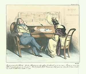 Daumier, Honor (1808-1879) - [Robert Macaire Directeur D'Un Bureau de Renseignements] -- Monsieur, on M'a Vole Un Billet de 100. --Tres Bien, Madame, le Voleur Est Un de Mes Amis... ([Robert Macaire Manager of an Inquiry Office] --Sir, Someone Has Stolen a 100 Francs Note - Madame, the Thief Is One of My Friends)... 