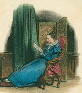 [Artist unknown] - Hand-Colored Lithograph Print of Woman Sitting and Reading