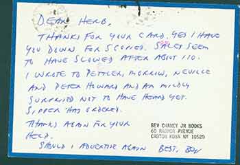 Item #19-7001 Autographed handwritten postcard addressed to Herb Yellin of the Lord John Press. Bev Chaney, Herbert Yellin.