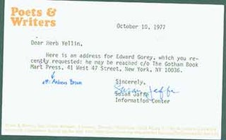 Item #19-7006 Postcard addressed to Herb Yellin of the Lord John Press, from the Poets & Writers...